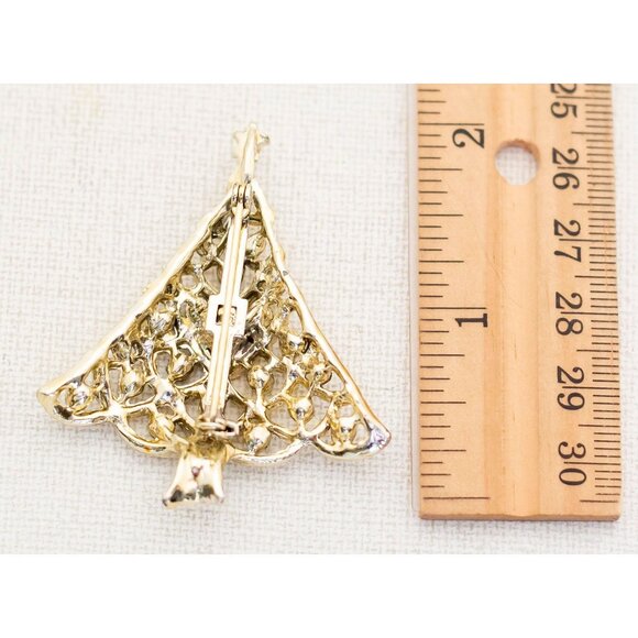 Vintage Green Rhinestones Gold Tone Christmas Tree Brooch - A11 - Picture 2 of 2